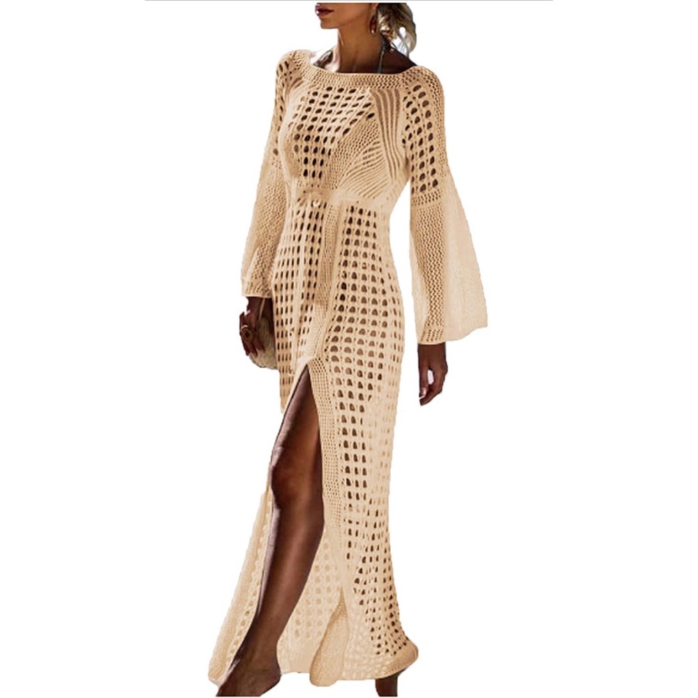 New Beige Swim Bathing Suit Maxi Cover Up Dress